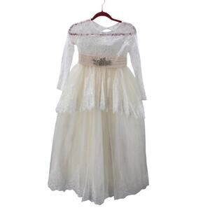 FLOWER GIRL PARTY DRESS SZ 12-13 Y white blue lace beaded wedding NEW 0B18